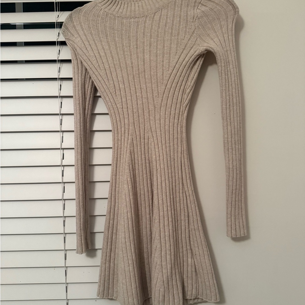 Hollister Ribbed Long-Sleeve Flared Dress in Taupe